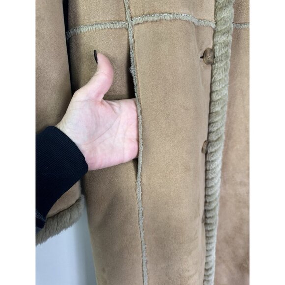 Womens XL Penny Lane Tan Faux Suede Maxi Hooded Full Length Faux Fur Trim Coat - Picture 4 of 15